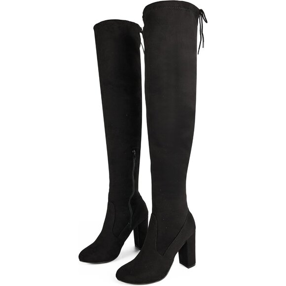 Women's Microfiber Thigh High Block Stiletto Heel Over The Knee Rounded Toe Boot - Picture 1 of 7